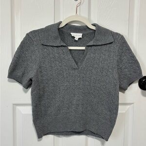 Gray Cable Knit Short Sleeve Polo Sweater Cropped